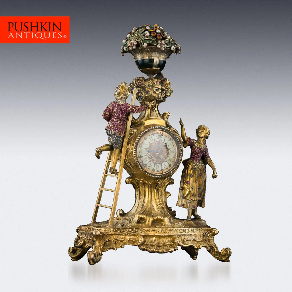 ANTIQUE 19thC AUSTRIAN JEWELLED, SOLID SILVER GILT & ENAMEL MANTEL CLOCK c.1890.jpg