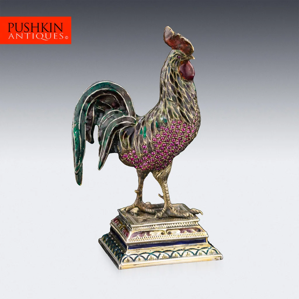 ANTIQUE 20thC AUSTRIAN SOLID SILVER & ENAMEL JEWELLED COCKEREL c.1900.jpg