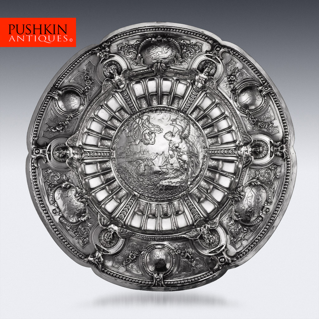 ANTIQUE 19thC RARE CONTINENTAL SOLID SILVER LARGE PLAQUE : CHARGER c1890.jpg