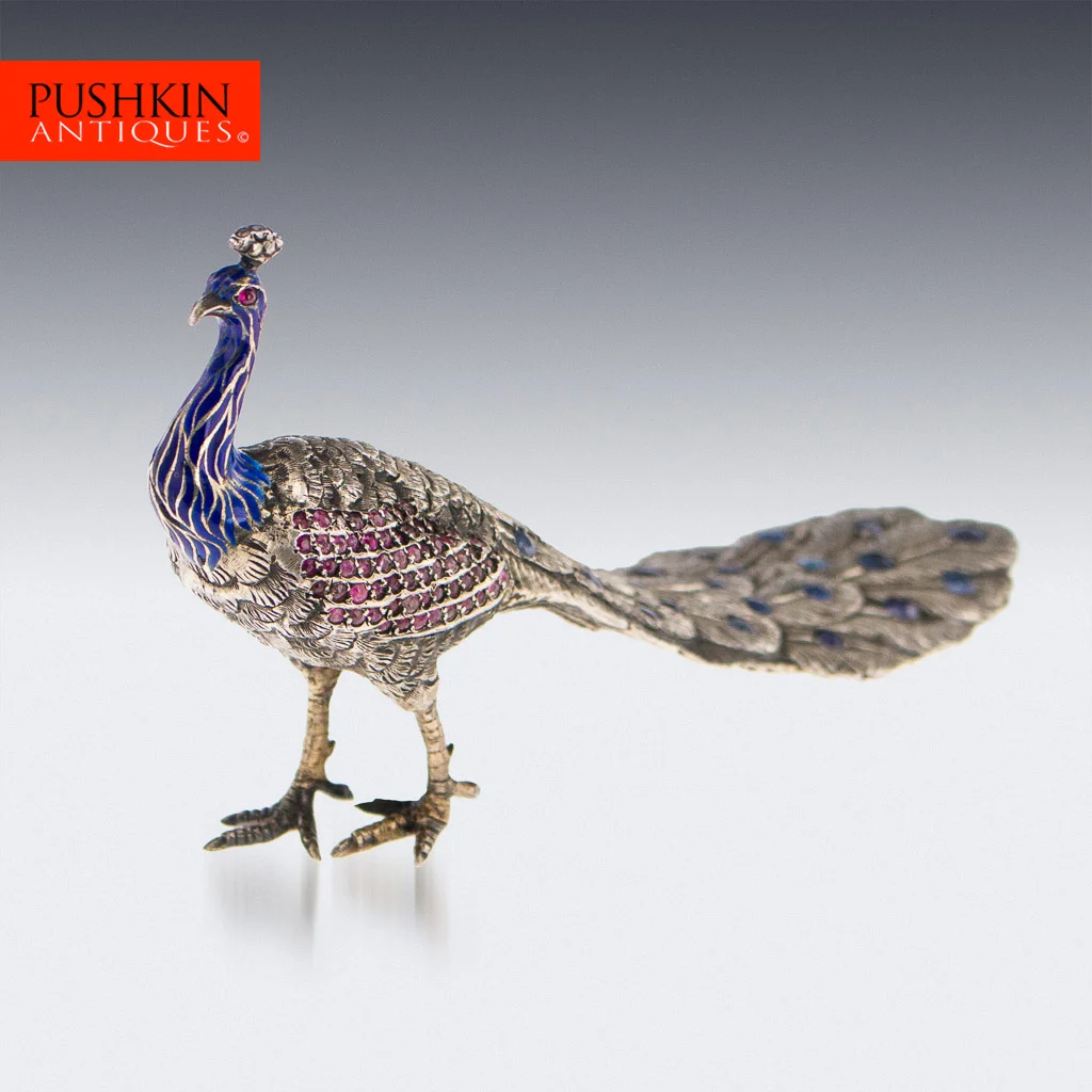 ANTIQUE 20thC AUSTRIAN SOLID SILVER GEM SET & ENAMELLED PEACOCK STATUETTE c1900.jpg