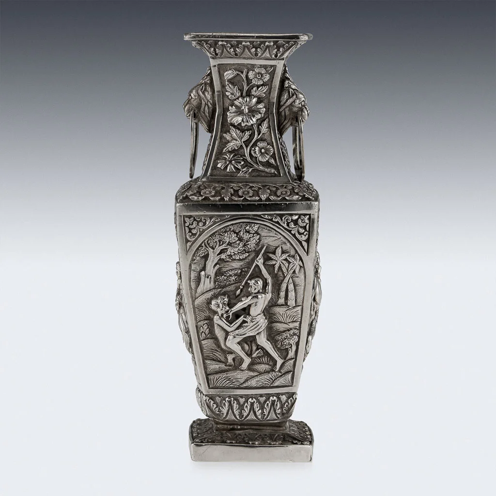 Pushkin Antiques - ANTIQUE 20thC INDIAN SOLID SILVER HUNT SCENE VASE, LUCKNOW c.1900 - 4.jpg