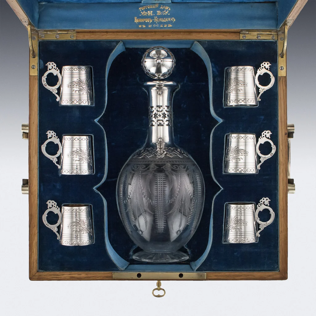Pushkin Antiques - ANTIQUE 19thC RUSSIAN EIGHT-PIECE SOLID SILVER & GLASS VODKA SET c.1880 - 3.jpg