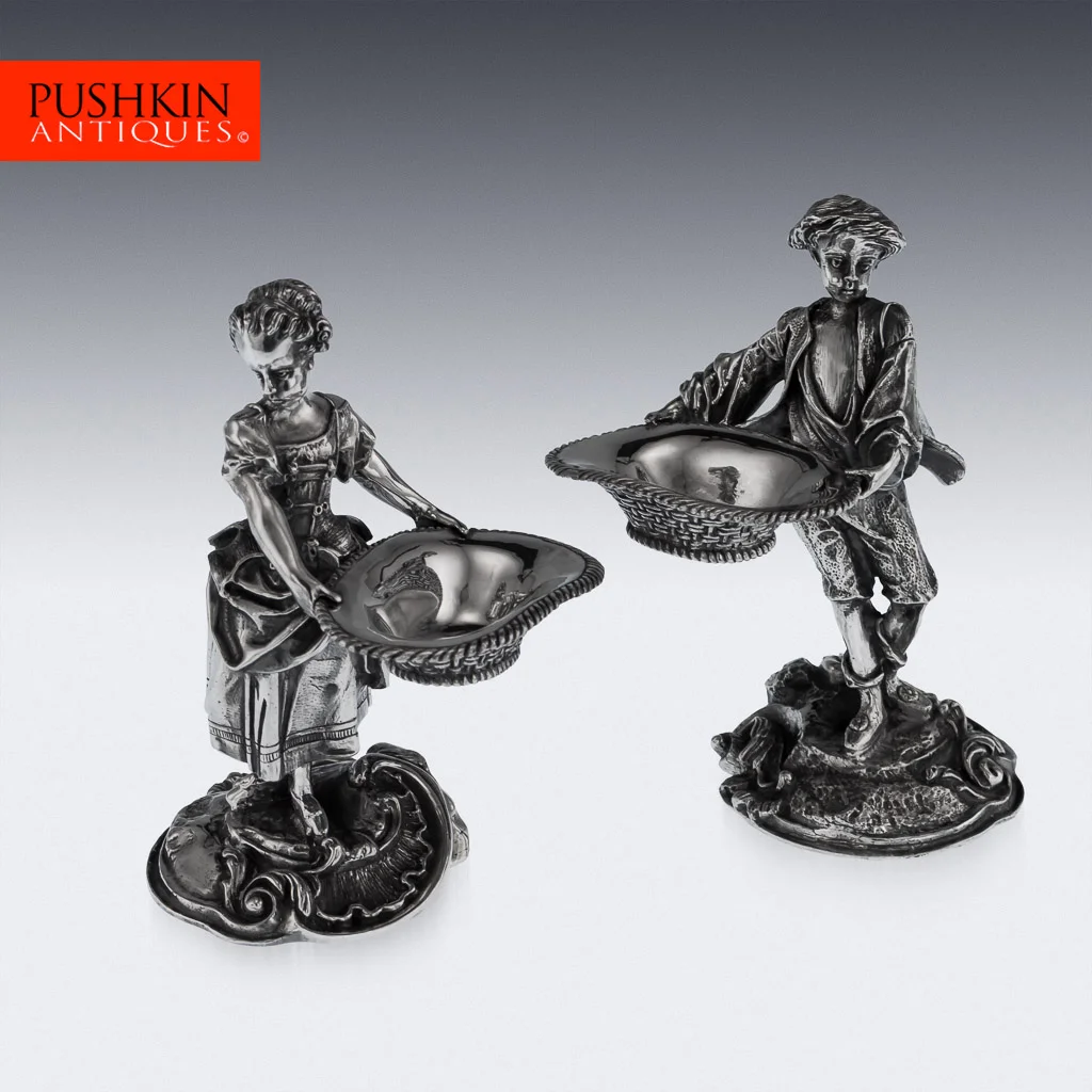 ANTIQUE 19thC SOLID SILVER PAIR OF FIGURAL SALTS, HAMILTON & INCHES c.1890