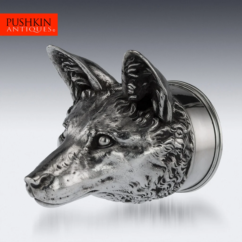 pushkin antiques - ANTIQUE 19thC VICTORIAN SOLID SILVER FOX STIRRUP CUP, JOHN SAMUEL HUNT c.1846 - 1.jpg