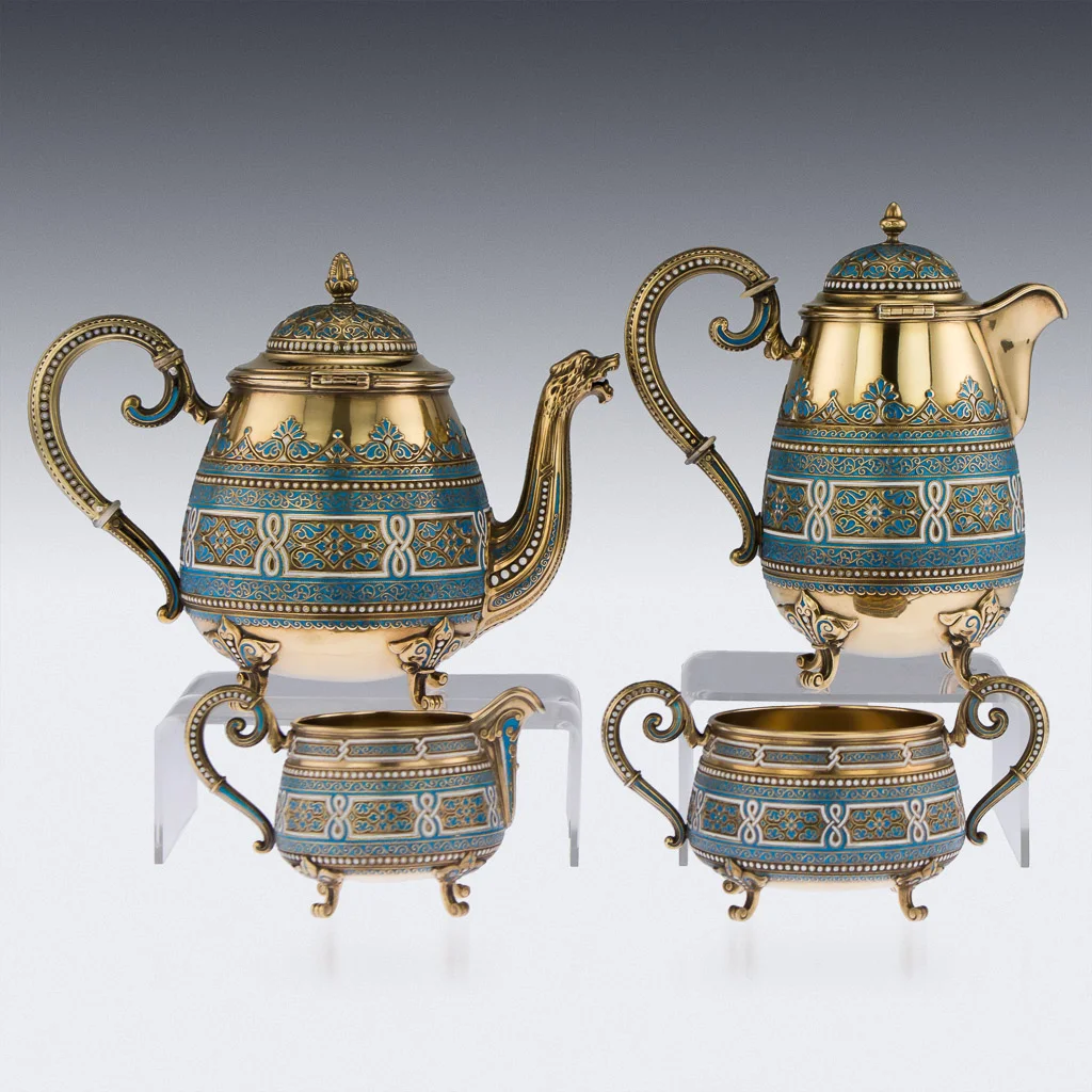 pushkin antiques - ANTIQUE 19thC NORWEGIAN SILVER & ENAMEL TEA SERVICE, DAVID ANDERSEN c.1890 - 3.jpg