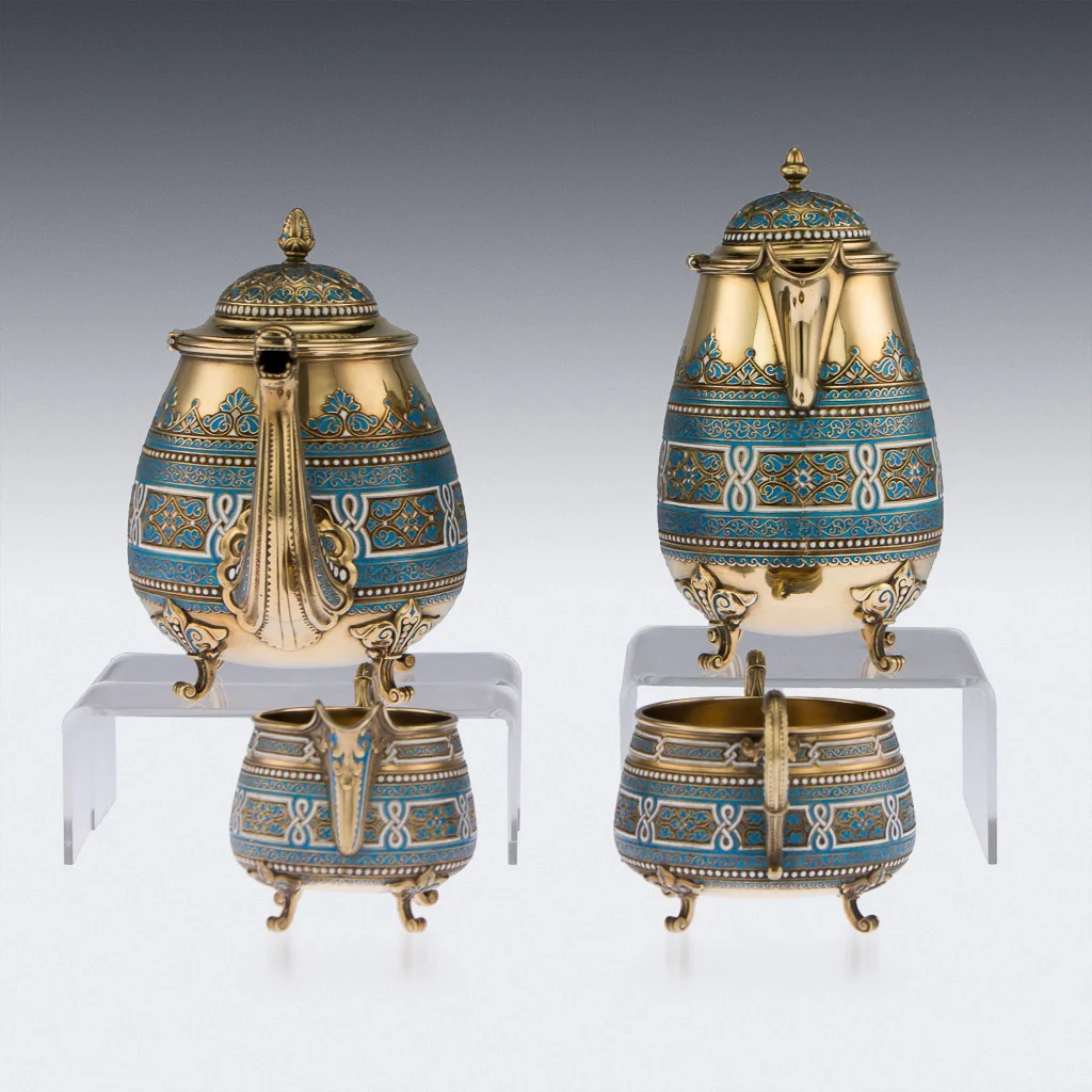 pushkin antiques - ANTIQUE 19thC NORWEGIAN SILVER & ENAMEL TEA SERVICE, DAVID ANDERSEN c.1890 - 4.jpg