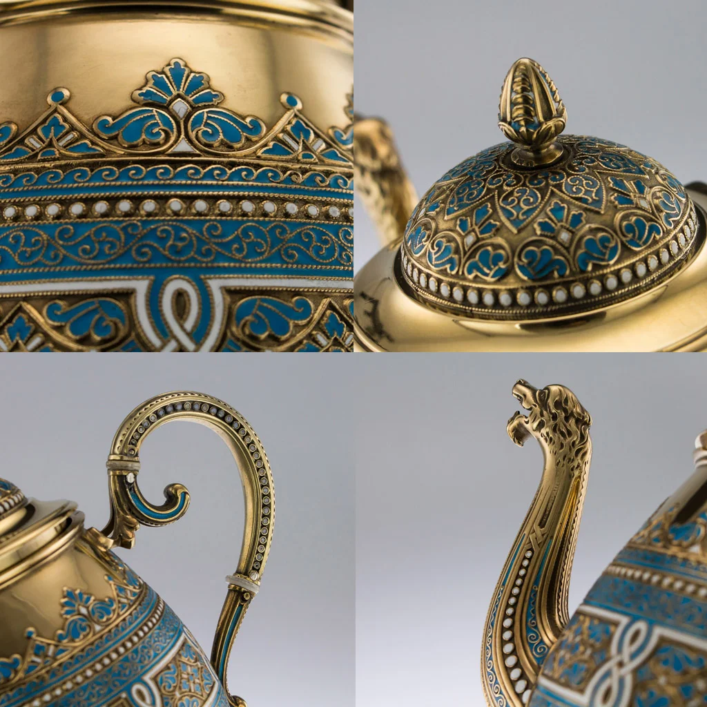 pushkin antiques - ANTIQUE 19thC NORWEGIAN SILVER & ENAMEL TEA SERVICE, DAVID ANDERSEN c.1890 - 7.jpg