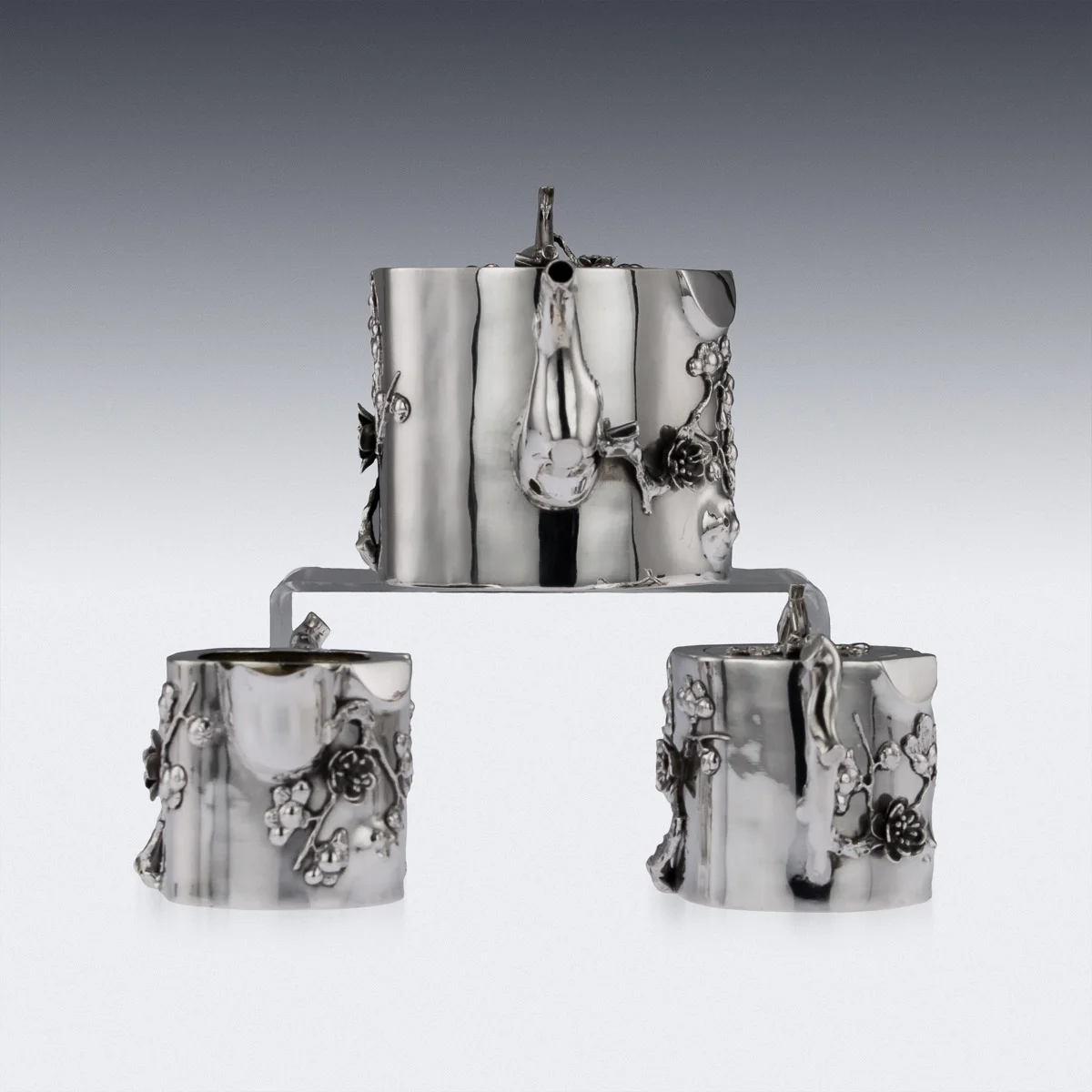 Pushkin Antiques - ANTIQUE 20THC CHINESE EXPORT SOLID SILVER 3 PIECE TEA SET ON TRAY C.1900 - 5.jpg