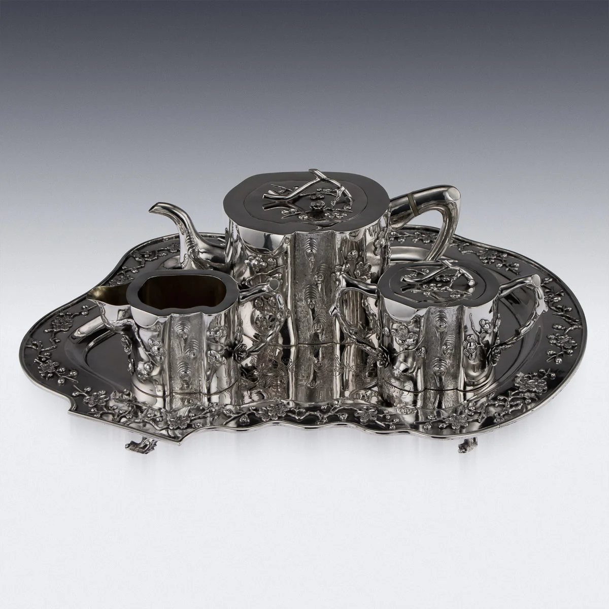 Pushkin Antiques - ANTIQUE 20THC CHINESE EXPORT SOLID SILVER 3 PIECE TEA SET ON TRAY C.1900 - 6.jpg