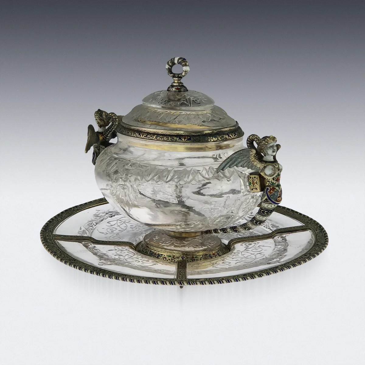 Pushkin Antiques - ANTIQUE 19thC AUSTRIAN ROCK CRYSTAL SILVER-GILT & ENAMEL DRAGEOIR ON STAND c1880 -2.jpg