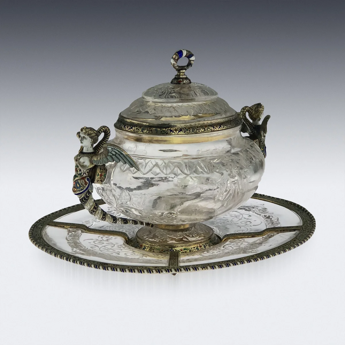 Pushkin Antiques - ANTIQUE 19thC AUSTRIAN ROCK CRYSTAL SILVER-GILT & ENAMEL DRAGEOIR ON STAND c1880 -4.jpg