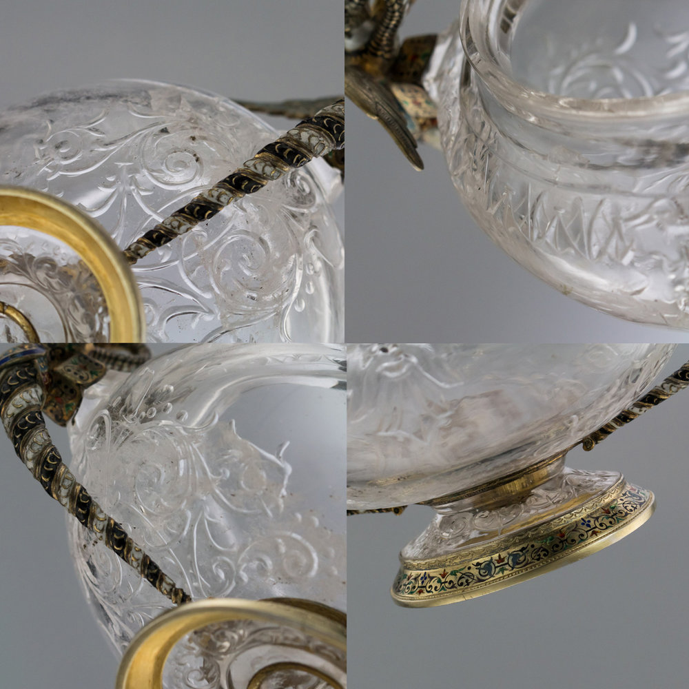 ANTIQUE 19thC AUSTRIAN SILVER-GILT, ROCK CRYSTAL & ENAMEL EWER c.1870 —  Pushkin Antiques