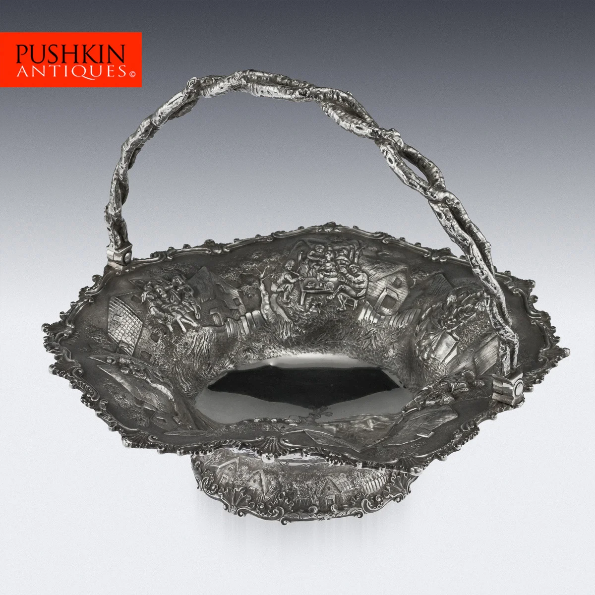 Pushkin Antiques - ANTIQUE 19thC VICTORIAN SOLID SILVER FRUIT BASKET, HUNT & ROSKELL c.1870 - 1.jpg