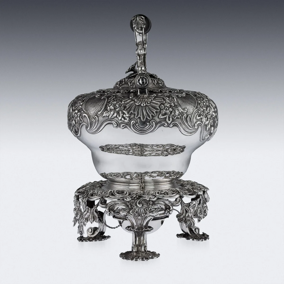 pushkin antiques - ANTIQUE 19thC GEORGIAN SOLID SILVER TEA KETTLE ON STAND & BURNER c.1830 - 2.jpg