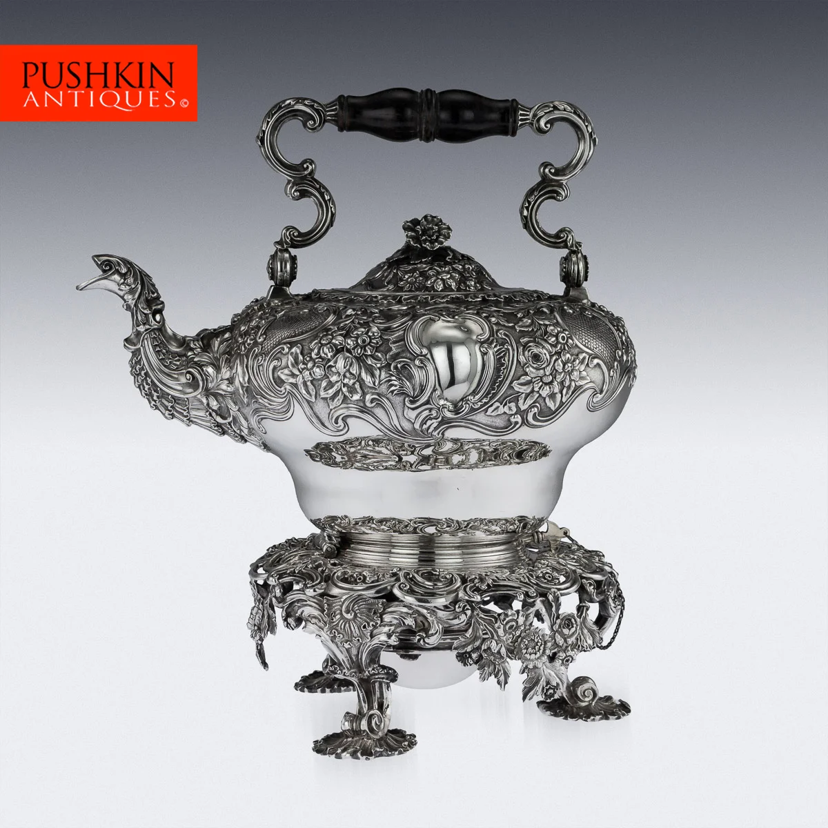pushkin antiques - ANTIQUE 19thC GEORGIAN SOLID SILVER TEA KETTLE ON STAND & BURNER c.1830 - 1.jpg