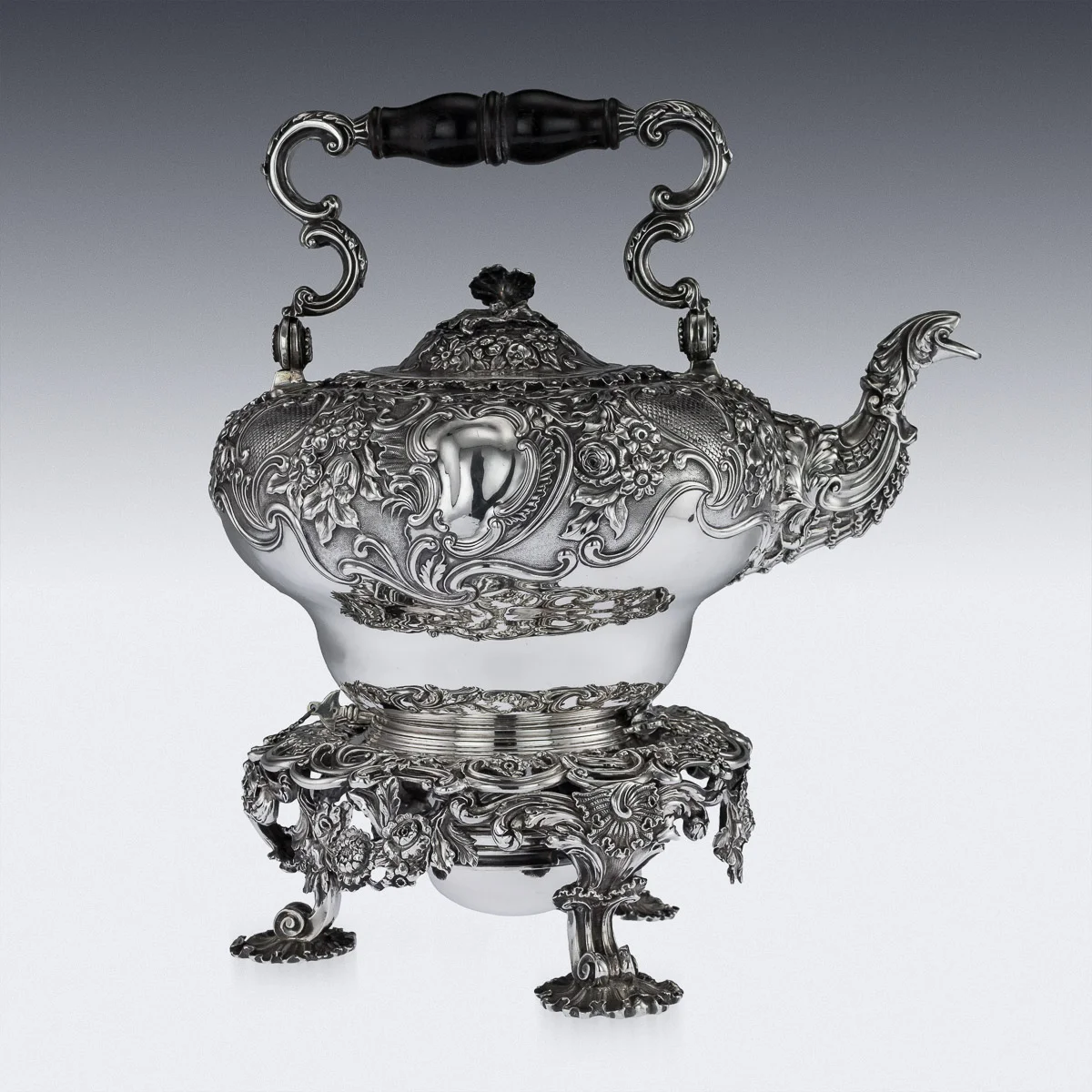 pushkin antiques - ANTIQUE 19thC GEORGIAN SOLID SILVER TEA KETTLE ON STAND & BURNER c.1830 - 3.jpg