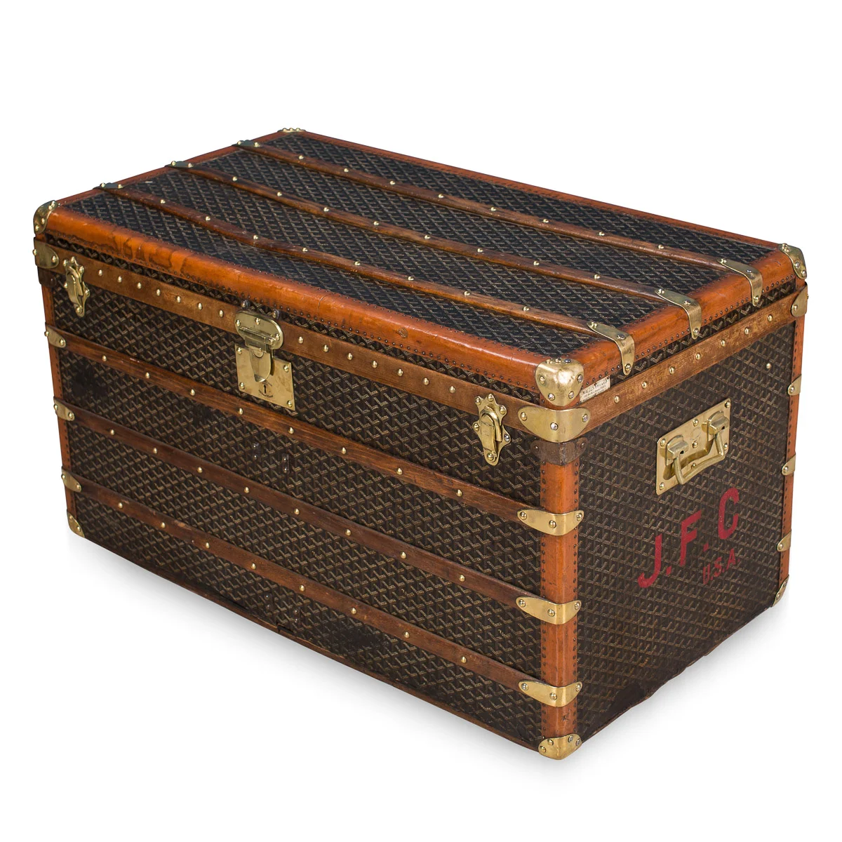 pushkin antiques - ANTIQUE 20thC GOYARD CHEVRON CANVAS TRUNK c.1910 - 2.jpg