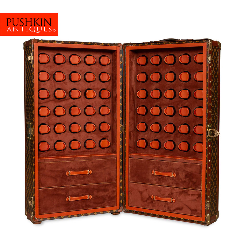 EARLY 20thC LOUIS VUITTON TRUNK WITH CUSTOMISED INTERIOR FOR 60 WATCHES —  Pushkin Antiques