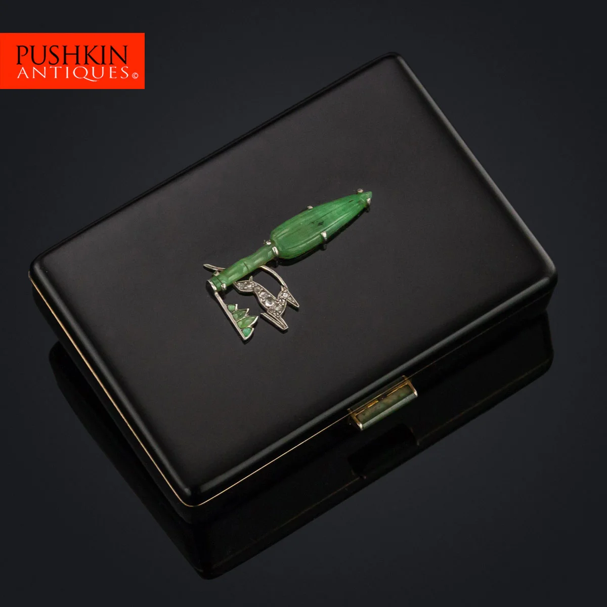 pushkin antiques - ANTIQUE 20thC ART DECO 18K GOLD, LACQUER, JADE & DIAMOND VANITY CASE c.1920 - 1.jpg