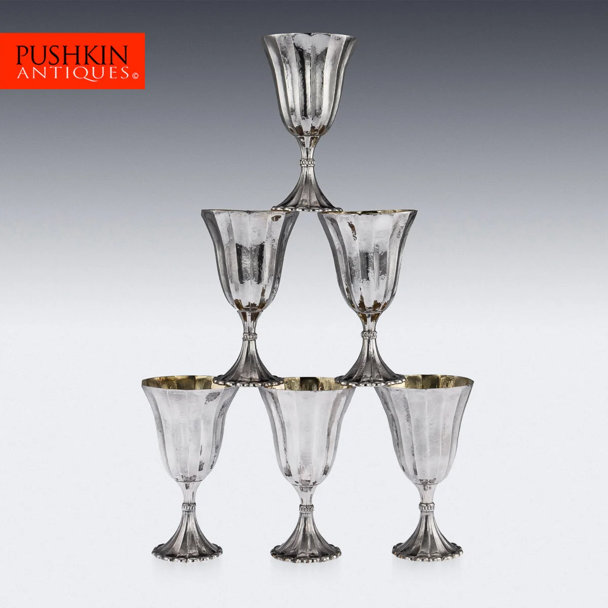 pushkin antiques - STUNNING 20thC BUCCELLATI SOLID SILVER LARGE GOBLETS IN ORIGINAL CASE c.1980 - 1.jpg