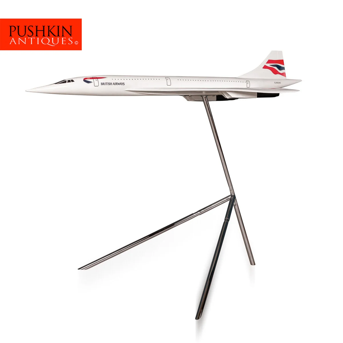 pushkin antiques - LARGE CONCORDE MODEL ON ORIGINAL CHROMED STAND c.1980 - 1.jpg
