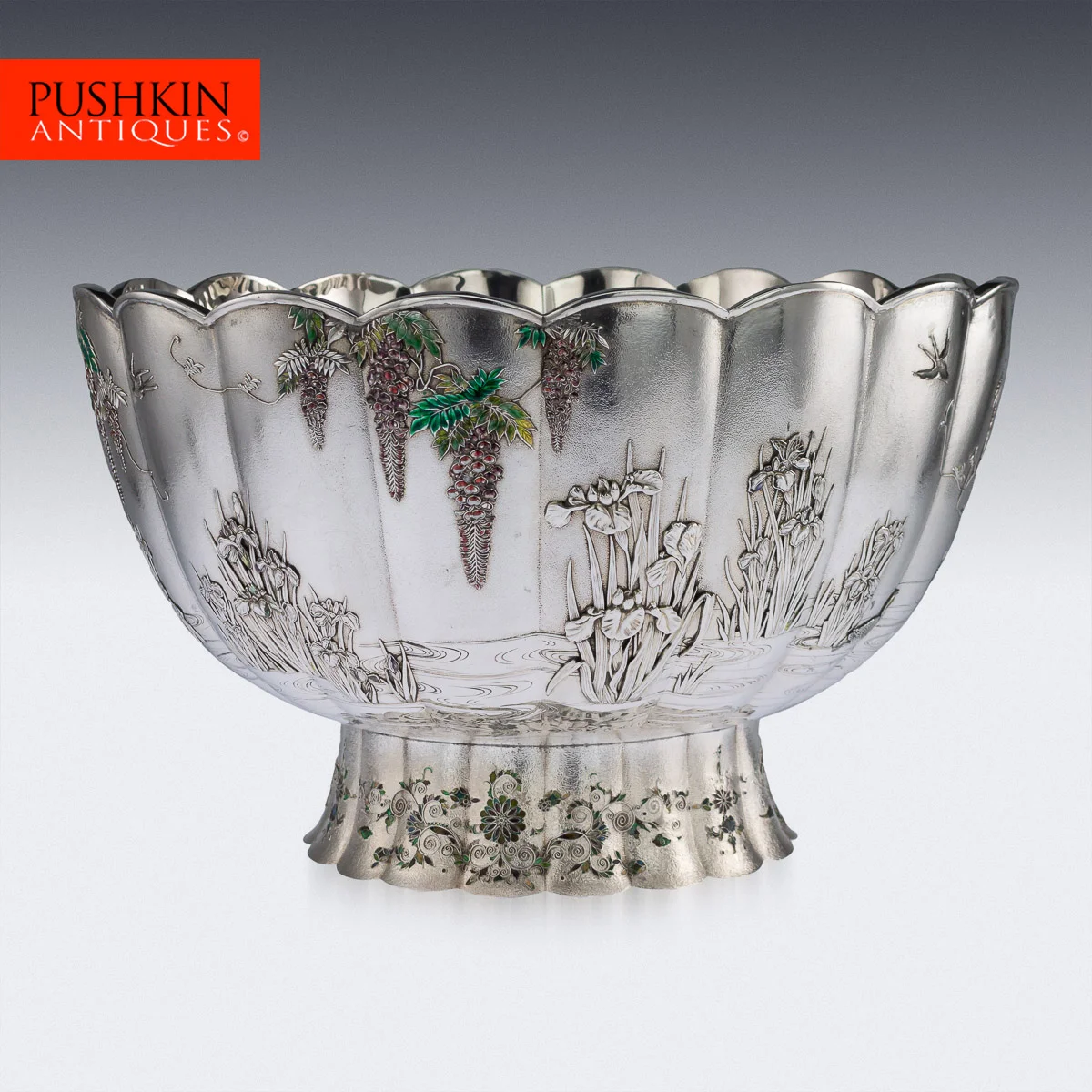 pushkin antiques - ANTIQUE 20THC JAPANESE MONUMENTAL MEIJI PERIOD SOLID SILVER & ENAMEL BOWL C.1900 - 1.jpg