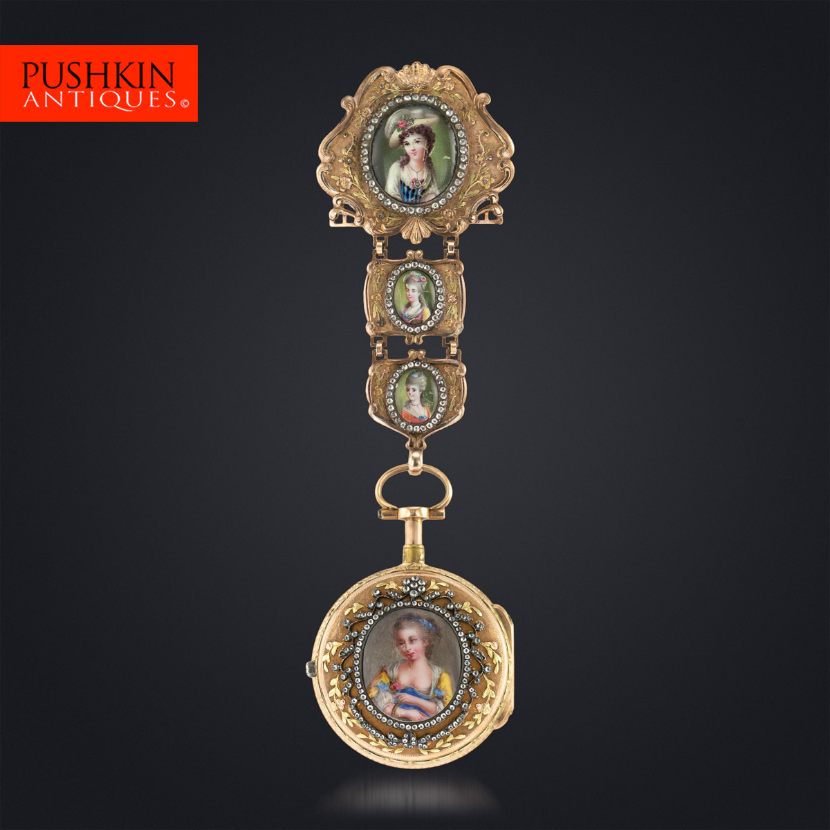 Pushkin Antiques - ANTIQUE 18thC SWISS 18K GOLD & ENAMEL, DIAMOND OPEN-FACED VERGE WATCH c.1770 - 1.jpg