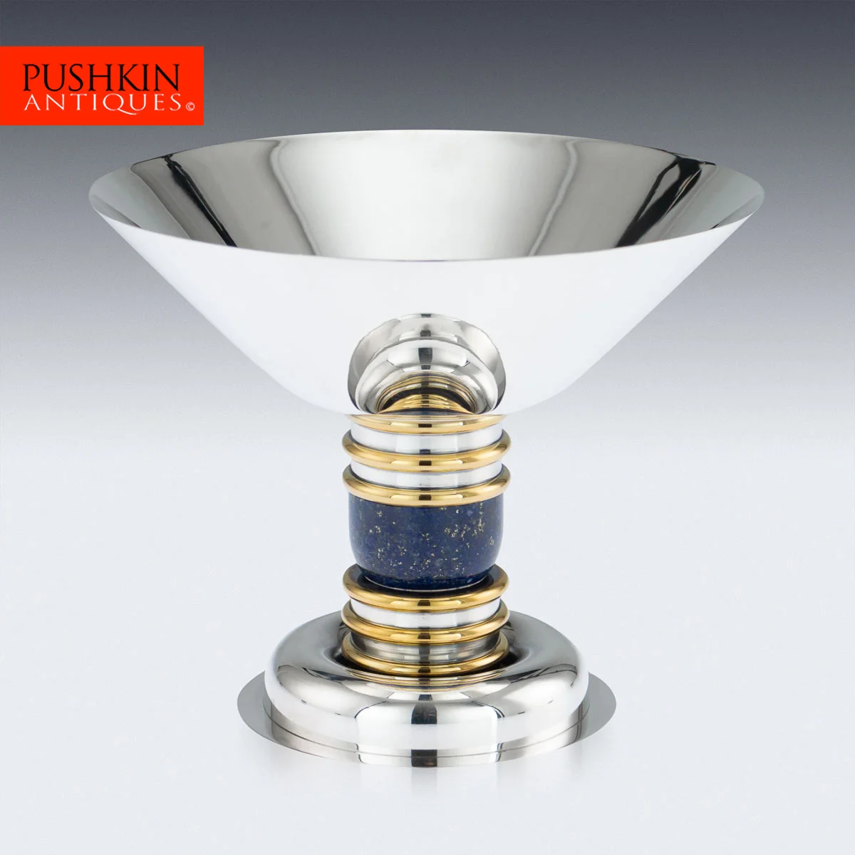 Pushkin Antiques - ART DECO STYLE 20thC FRENCH SOLID SILVER & LAPIS LAZULI TAZZA, PUIFORCAT c.1990 - 1.jpg