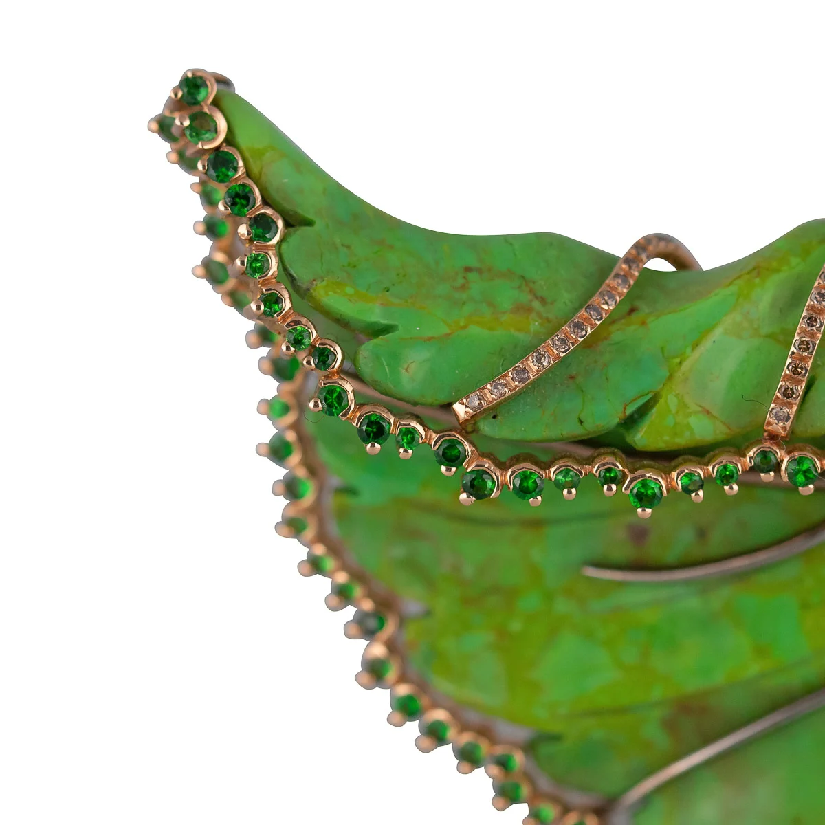 Pushkin Antiques - GODINO GREEN TORQUOISE, DIAMOND & GARNET SET 18K GOLD LEAF SHAPED BROOCH - 2.jpg