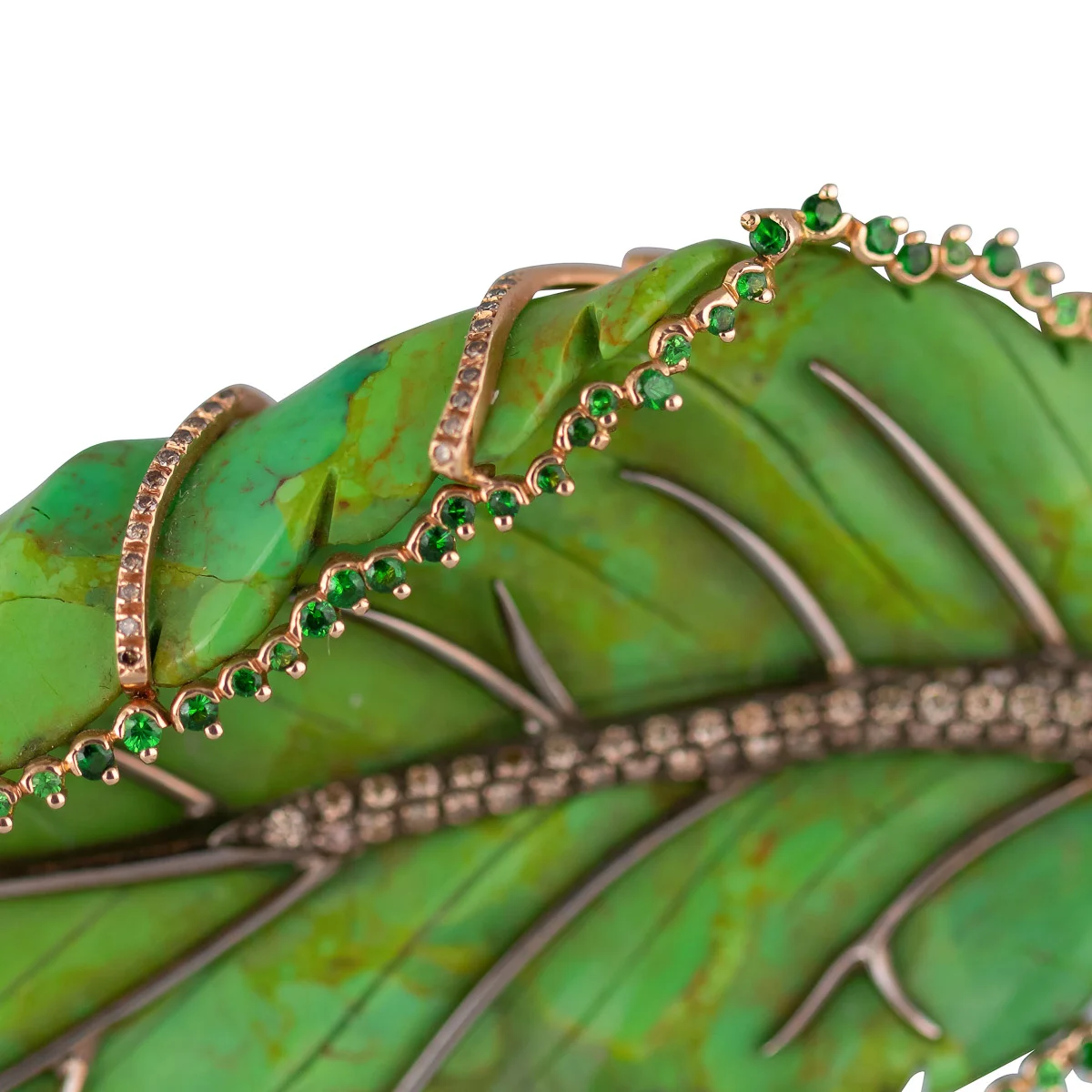 Pushkin Antiques - GODINO GREEN TORQUOISE, DIAMOND & GARNET SET 18K GOLD LEAF SHAPED BROOCH - 5.jpg