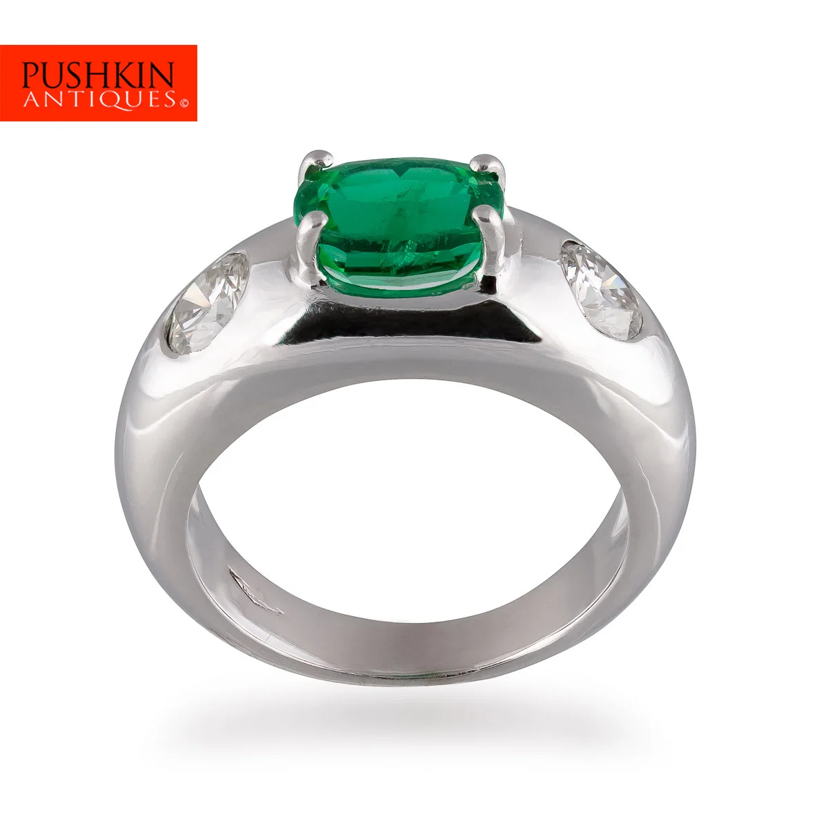 Pushkin Antiques - NATURAL EMERALD 1 CARAT & DIAMOND 18k WHITE GOLD RING - 1.jpg