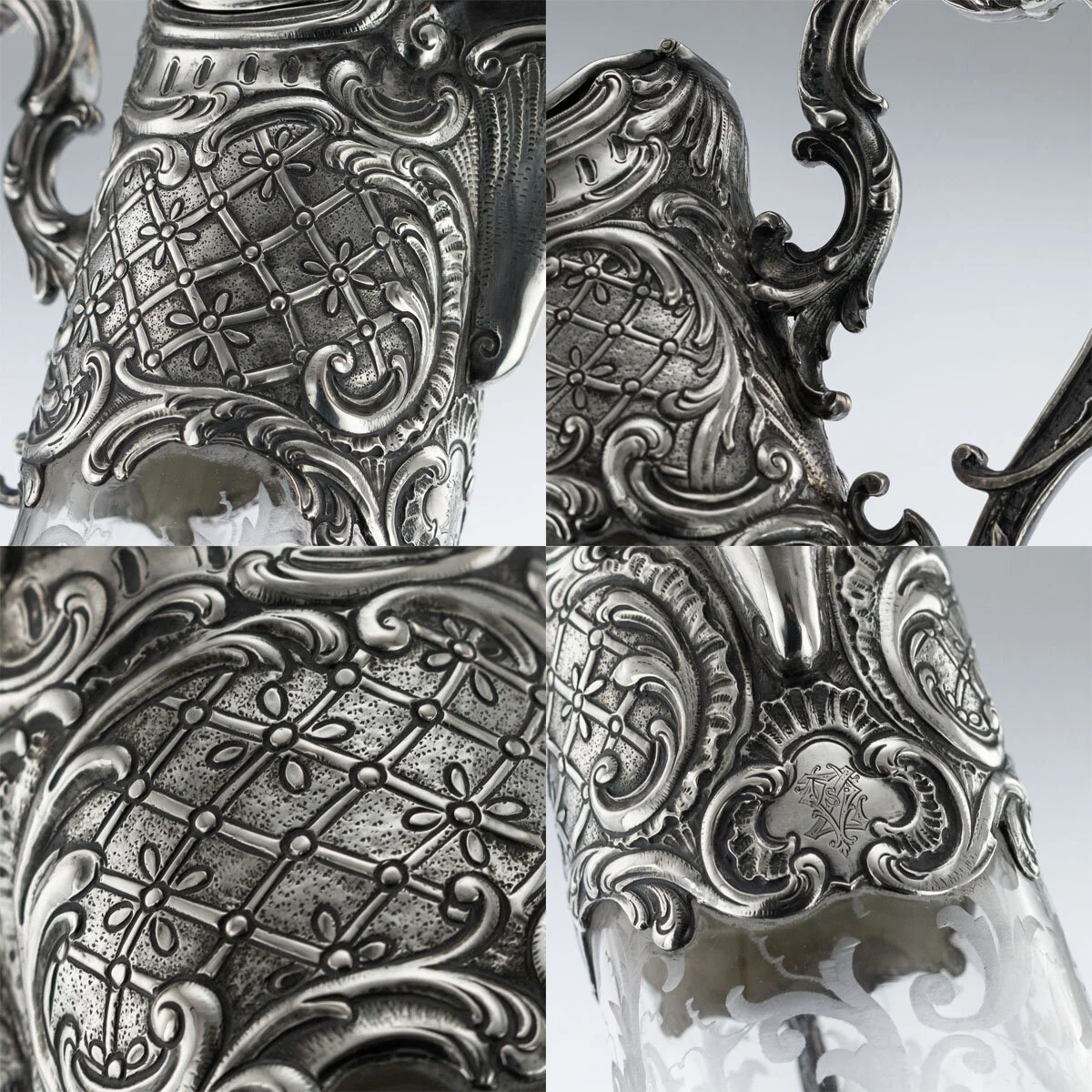 Pushkin Antiques - ANTIQUE 19thC GERMAN SOLID SILVER & ETCHED GLASS MASSIVE CLARET JUG c.1890 - 12.jpg