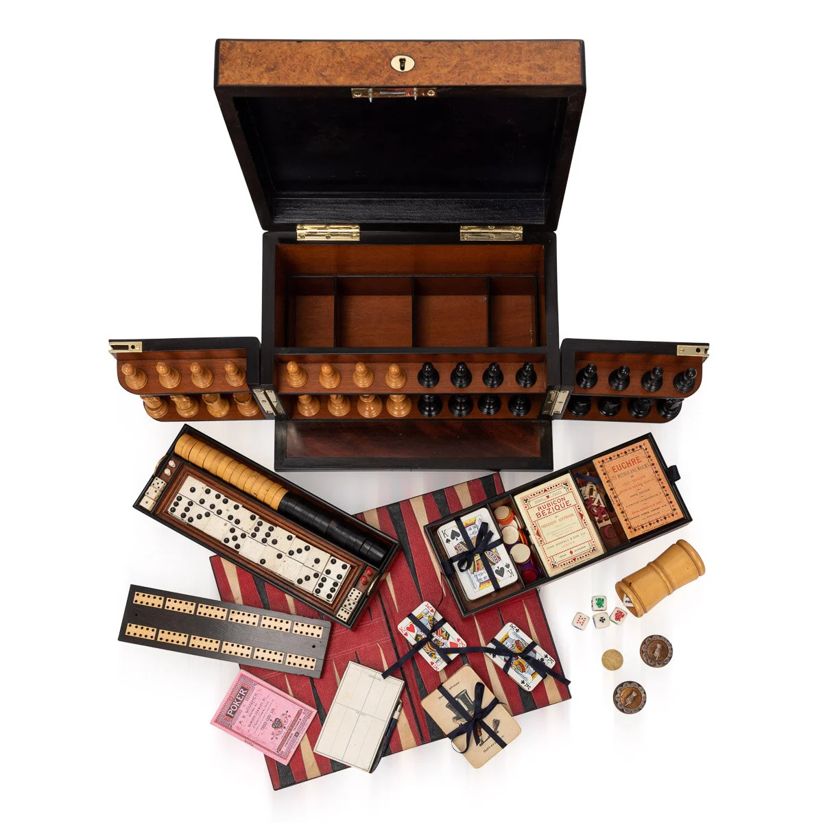 Pushkin Antiques - ANTIQUE 19thC VICTORIAN BURR WALNUT GAMES COMPENDIUM, CARDS & BOARD GAMES c.1890 - 3.jpg