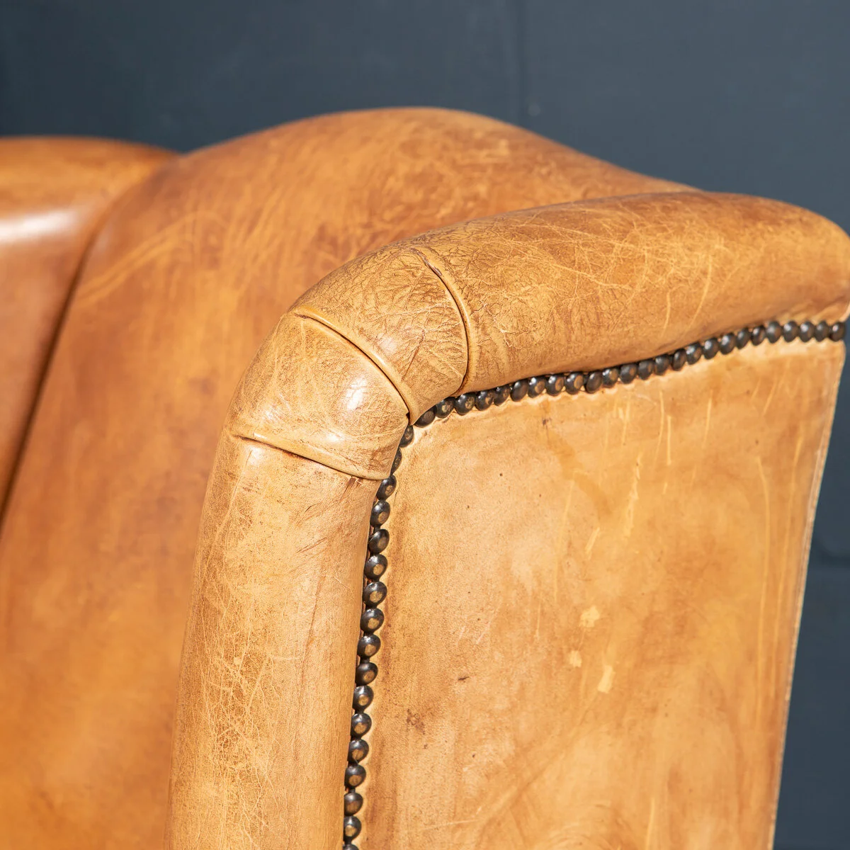 PUSHKIN ANTIQUES - LATE 20th CENTURY DUTCH SHEEPSKIN LEATHER WINGBACK ARMCHAIR - 13.jpg