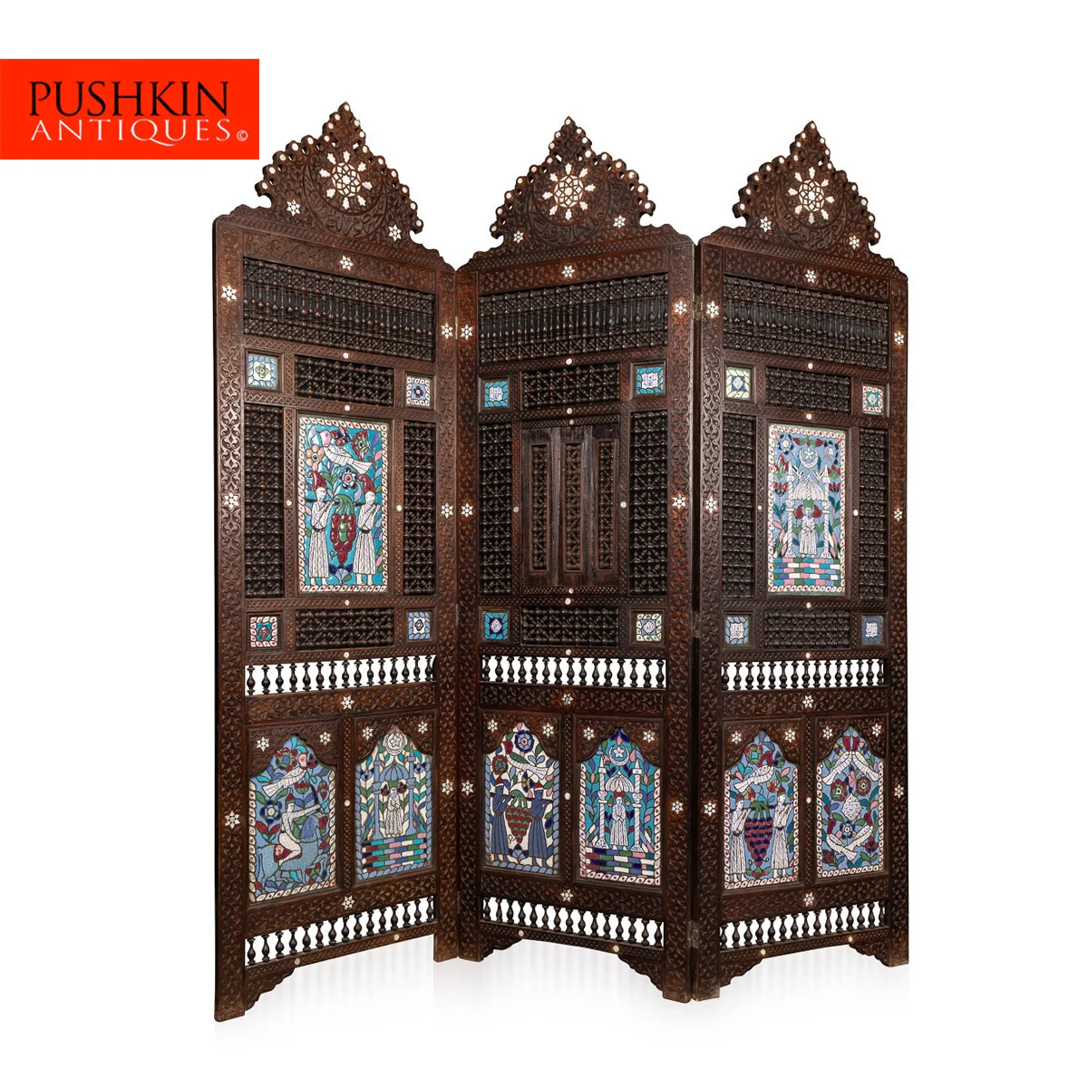 PUSHKIN ANTIQUES - STRIKING 20thC MIDDLE-EASTERN FOLDING SCREEN WITH ENAMEL PANELS c.1930 - 22.jpg