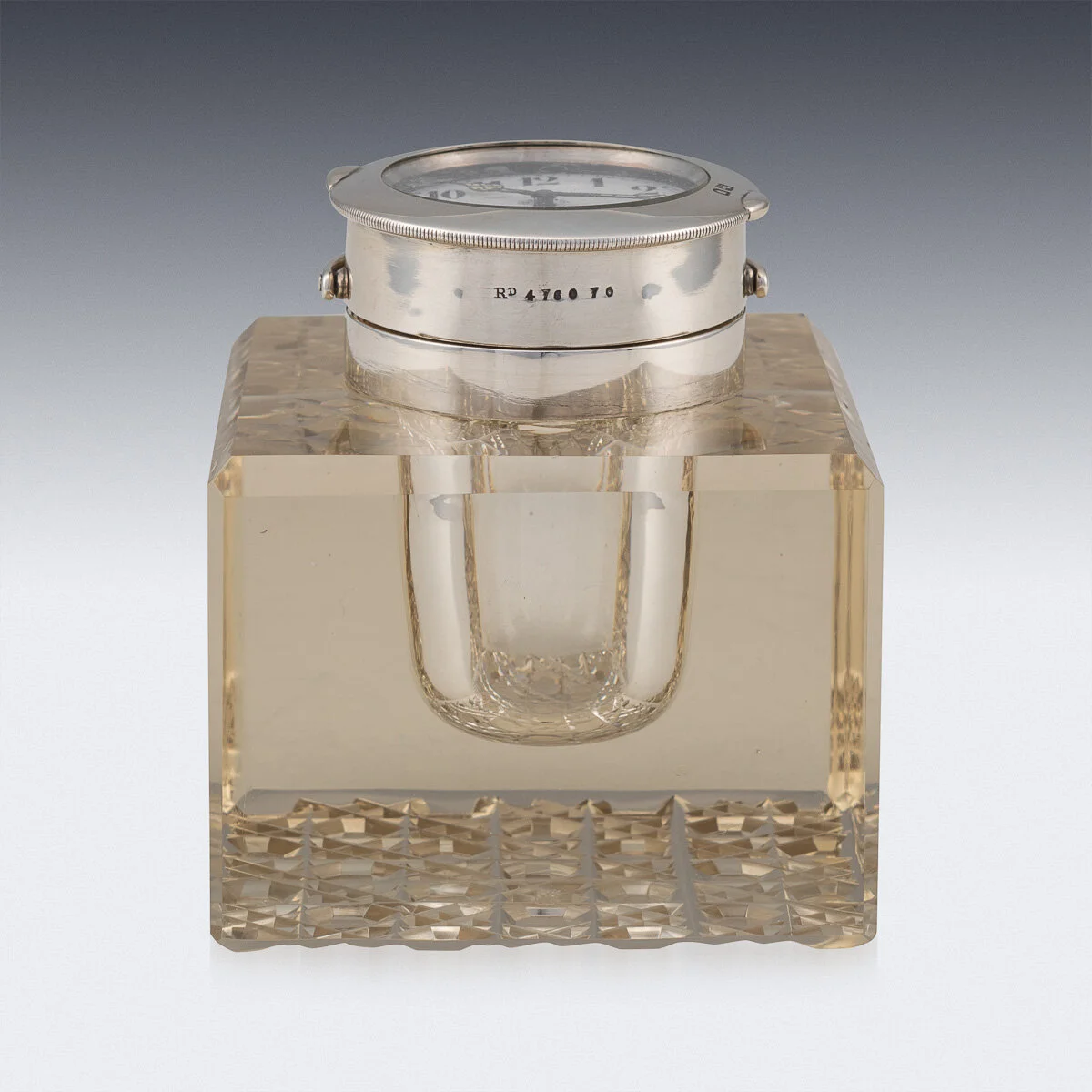 PUSHKIN ANTIQUES - ANTIQUE 20THC EDWARDIAN SOLID SILVER & GLASS INKWELL WITH CLOCK, LONDON C.1909 - 03.jpg