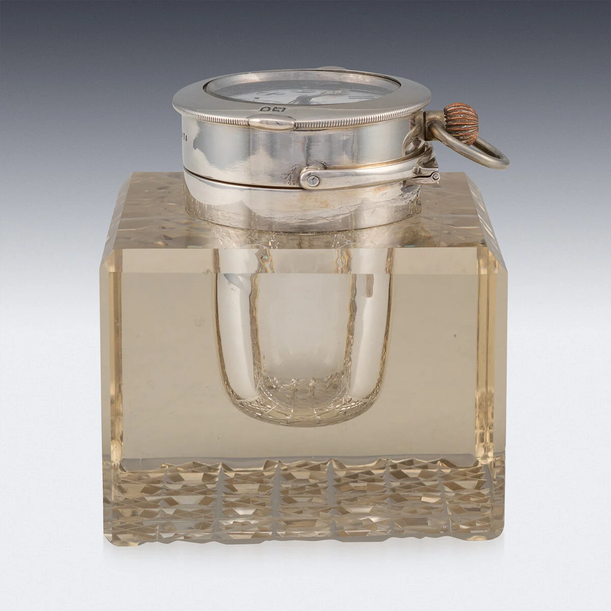 PUSHKIN ANTIQUES - ANTIQUE 20THC EDWARDIAN SOLID SILVER & GLASS INKWELL WITH CLOCK, LONDON C.1909 - 04.jpg