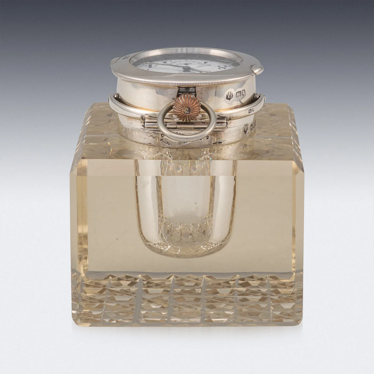 PUSHKIN ANTIQUES - ANTIQUE 20THC EDWARDIAN SOLID SILVER & GLASS INKWELL WITH CLOCK, LONDON C.1909 - 05.jpg