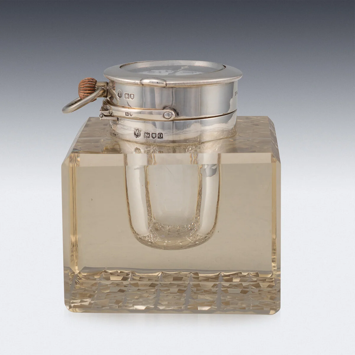 PUSHKIN ANTIQUES - ANTIQUE 20THC EDWARDIAN SOLID SILVER & GLASS INKWELL WITH CLOCK, LONDON C.1909 - 06.jpg