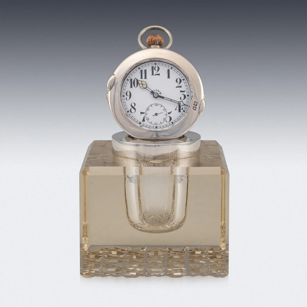PUSHKIN ANTIQUES - ANTIQUE 20THC EDWARDIAN SOLID SILVER & GLASS INKWELL WITH CLOCK, LONDON C.1909 - 07.jpg