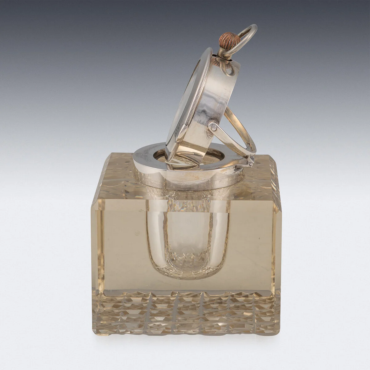 PUSHKIN ANTIQUES - ANTIQUE 20THC EDWARDIAN SOLID SILVER & GLASS INKWELL WITH CLOCK, LONDON C.1909 - 08.jpg