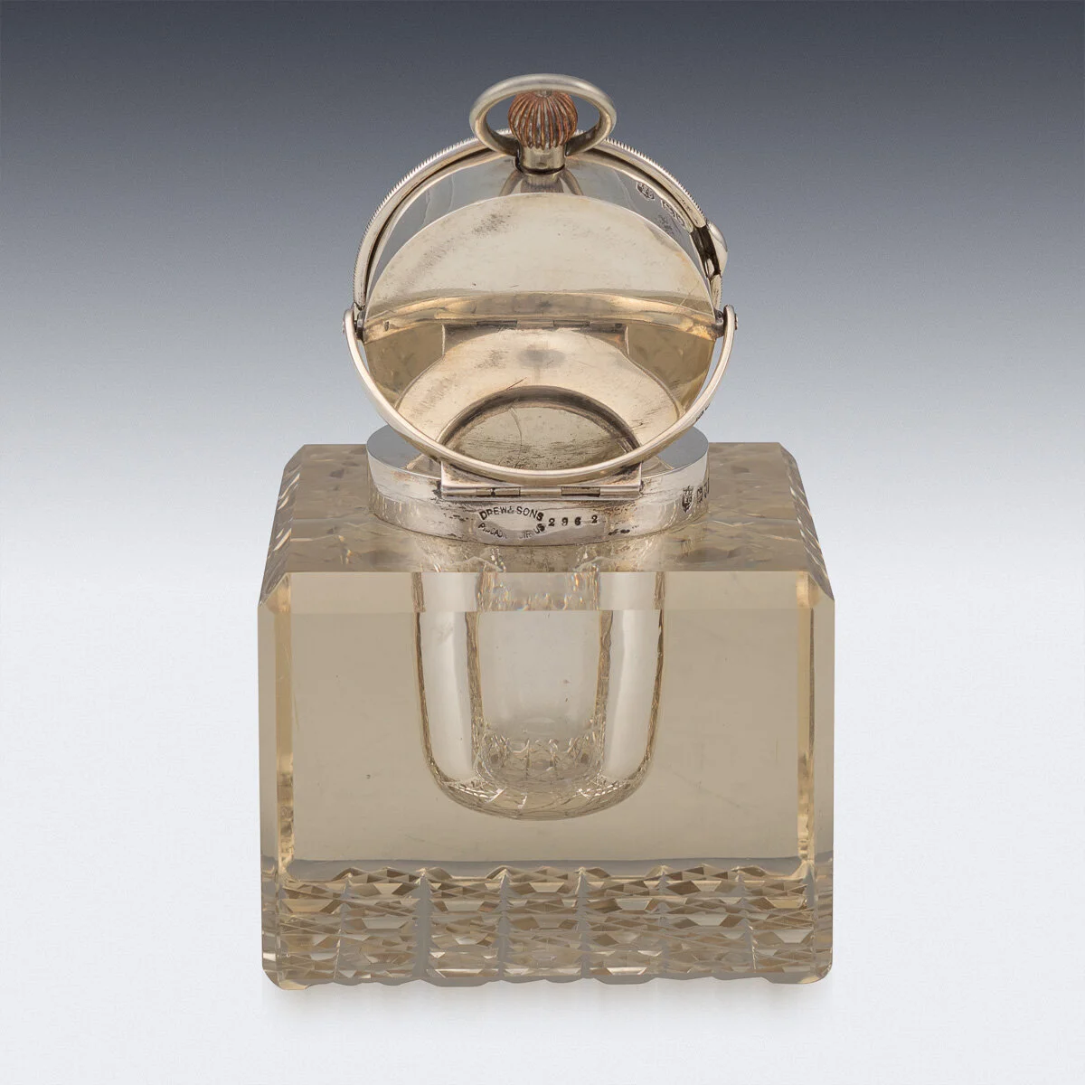 PUSHKIN ANTIQUES - ANTIQUE 20THC EDWARDIAN SOLID SILVER & GLASS INKWELL WITH CLOCK, LONDON C.1909 - 09.jpg