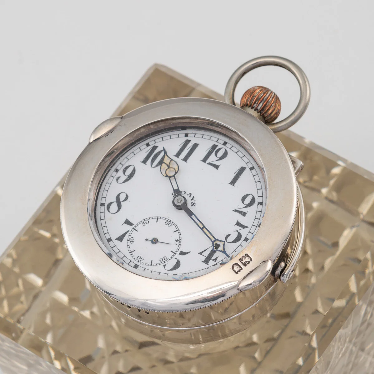 PUSHKIN ANTIQUES - ANTIQUE 20THC EDWARDIAN SOLID SILVER & GLASS INKWELL WITH CLOCK, LONDON C.1909 - 10.jpg