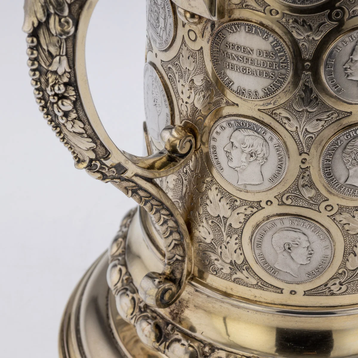 Pushkin Antiques - ANTIQUE 19thC GERMAN HANAU SOLID SILVER-GILT & COIN-SET FIGURAL TANKARD c.1870 - 69.jpg