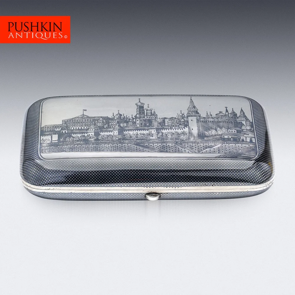 ANTIQUE 19thC RUSSIAN SOLID SILVER & NIELLO CIGARETTE CASE, MOSCOW c.1877 —  Pushkin's