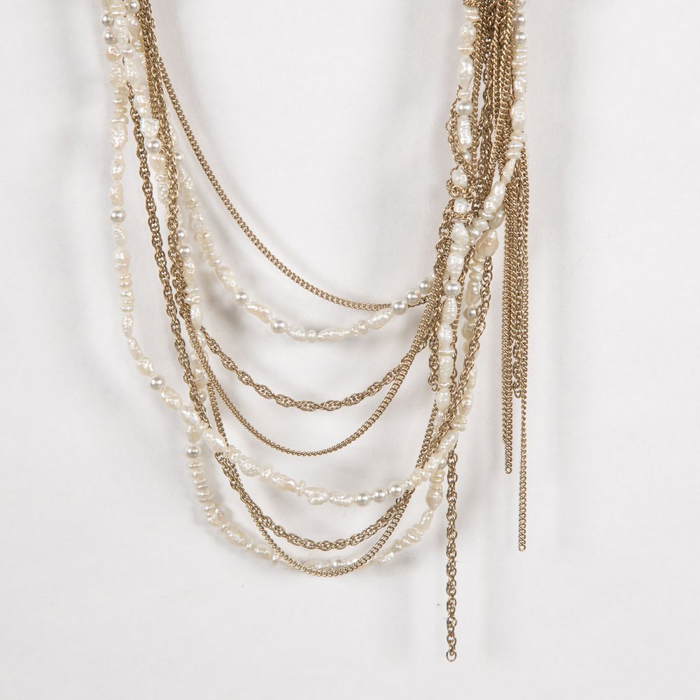 Chanel Faux Pearl & Crystal Pendant & Layered Gold Tone Chain Necklace