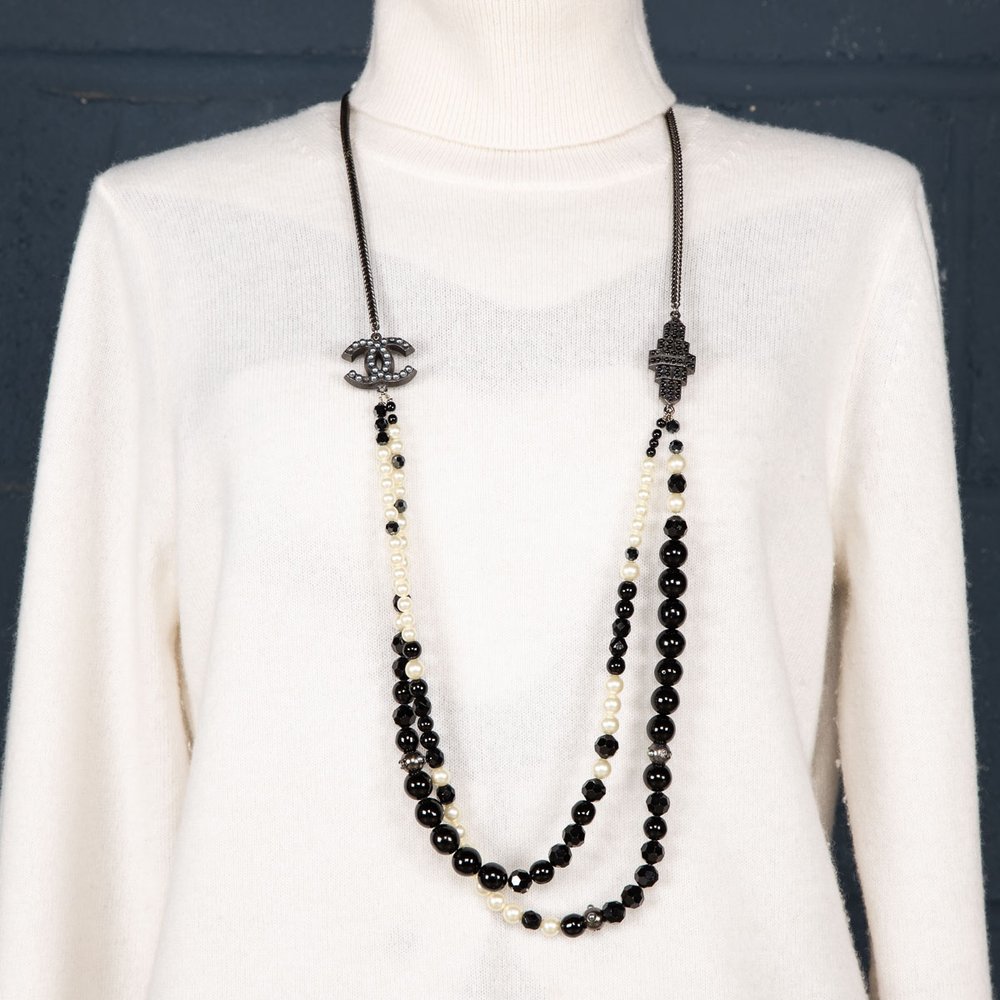 Chanel Black and Pearl Beaded Necklace For Sale at 1stDibs  chanel beads  necklace, beaded chanel necklace, black pearl chanel necklace