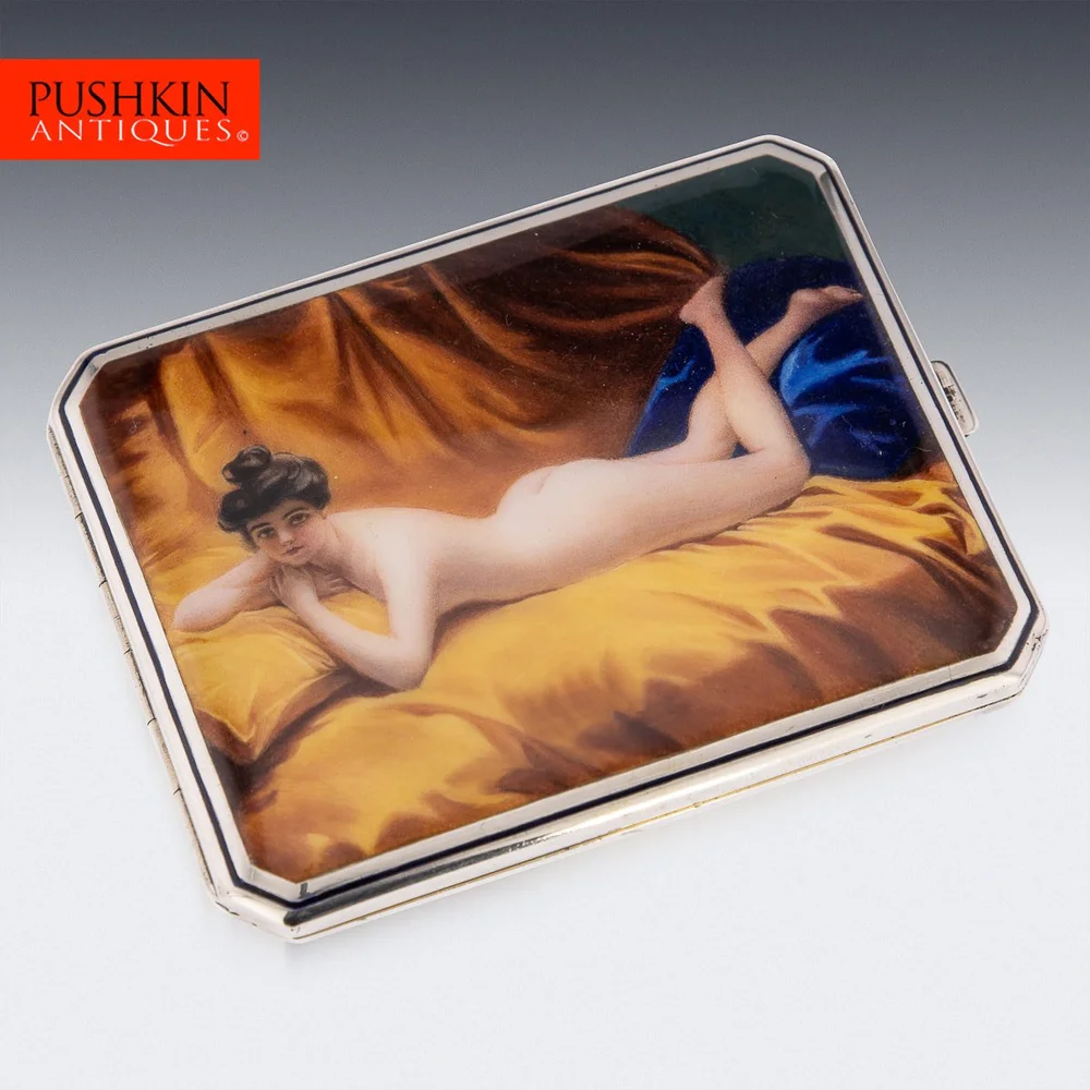 erotic cigarette case ANTIQUE 20thC AUSTRIAN SOLID SILVER & ENAMEL EROTIC CIGARETTE CASE c.1910 —  Pushkin's