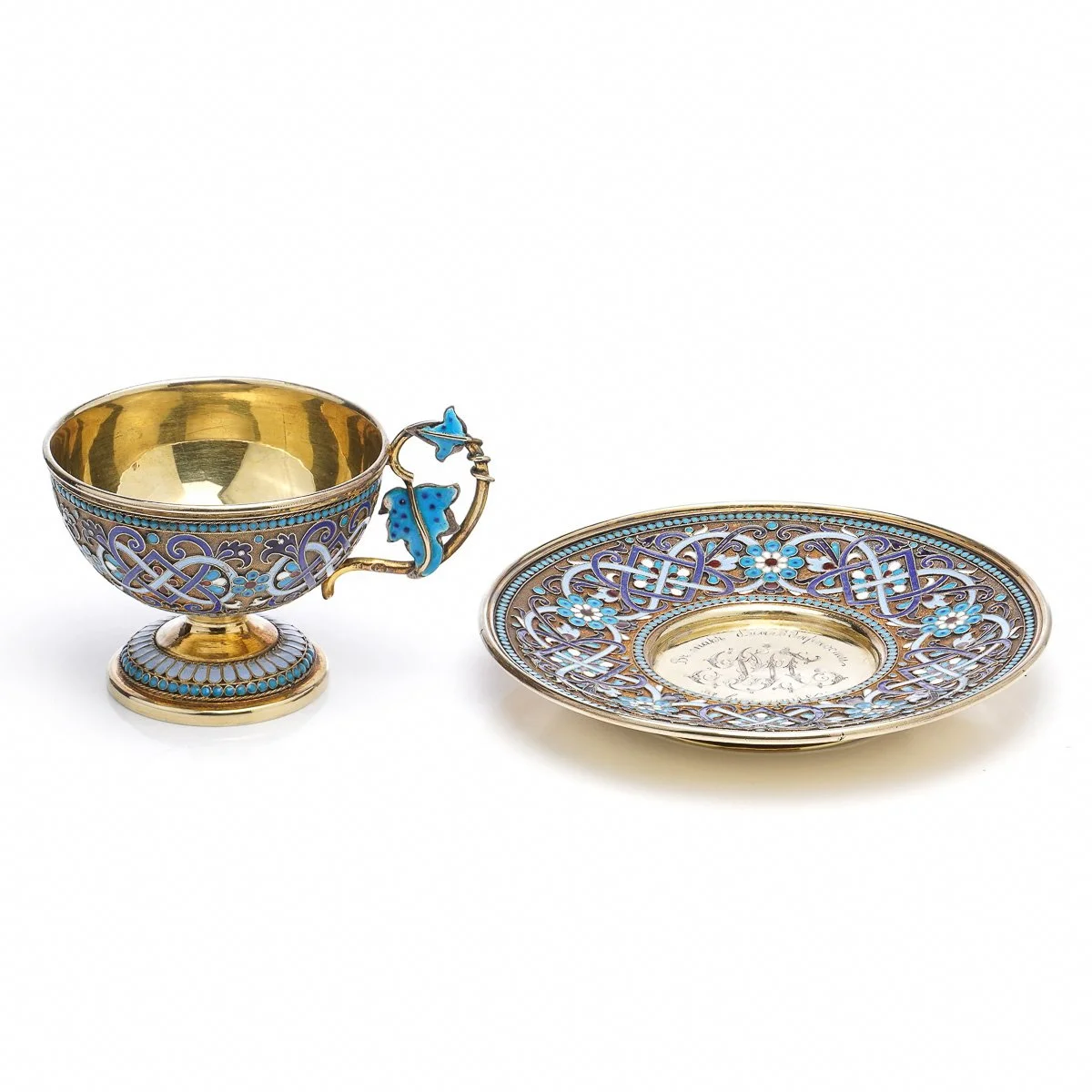 PUSHKIN ANTIQUES - ANTIQUE 19thC IMPERIAL RUSSIAN SOLID SILVER-GILT & ENAMEL CUP ON SAUCER c.1890 - 03.jpg