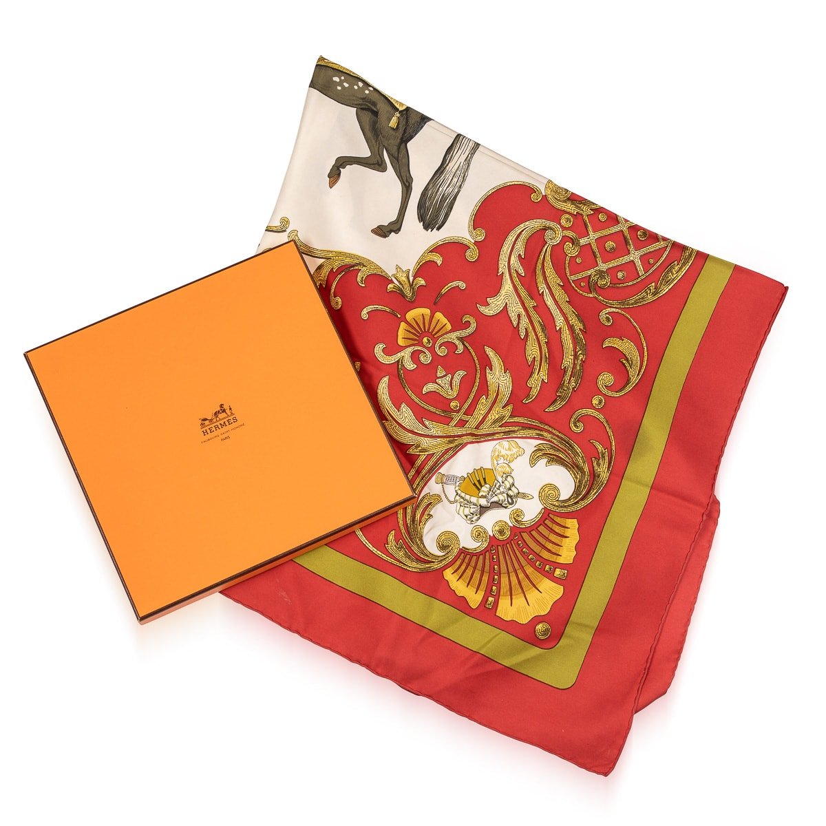 A SILK HERMES SCARF IN THE ORIGINAL BOX - OF RECENT PRODUCTION ...